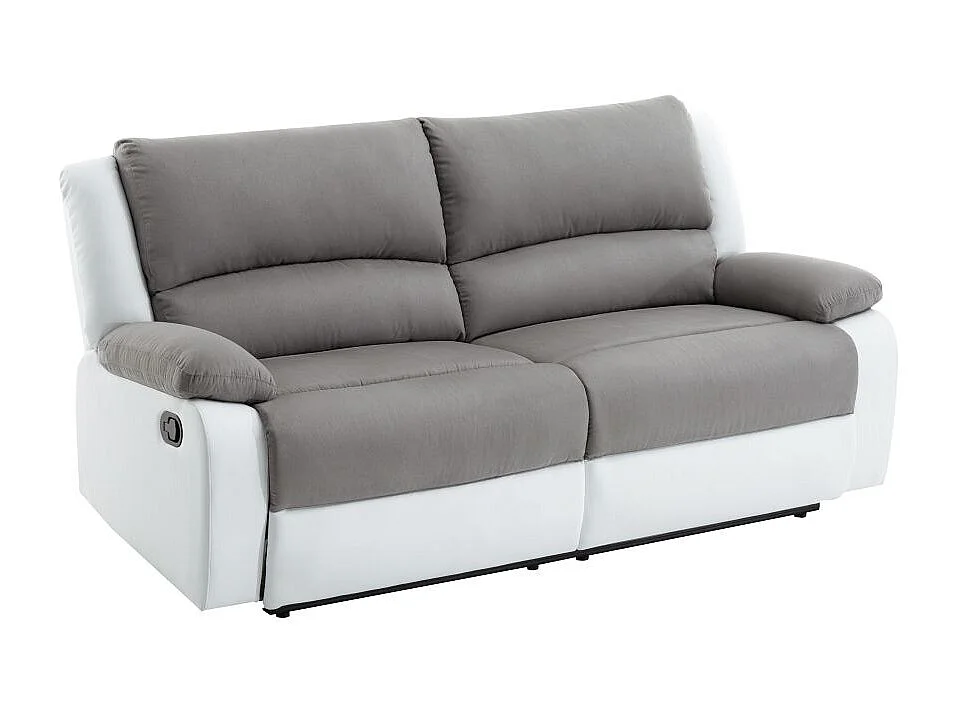 Canapé relax manuel 3 places avec 2 assises XXL Léo en microfibre et simili - Blanc/Gris - L193 x P93 x H96cm - Loungitude