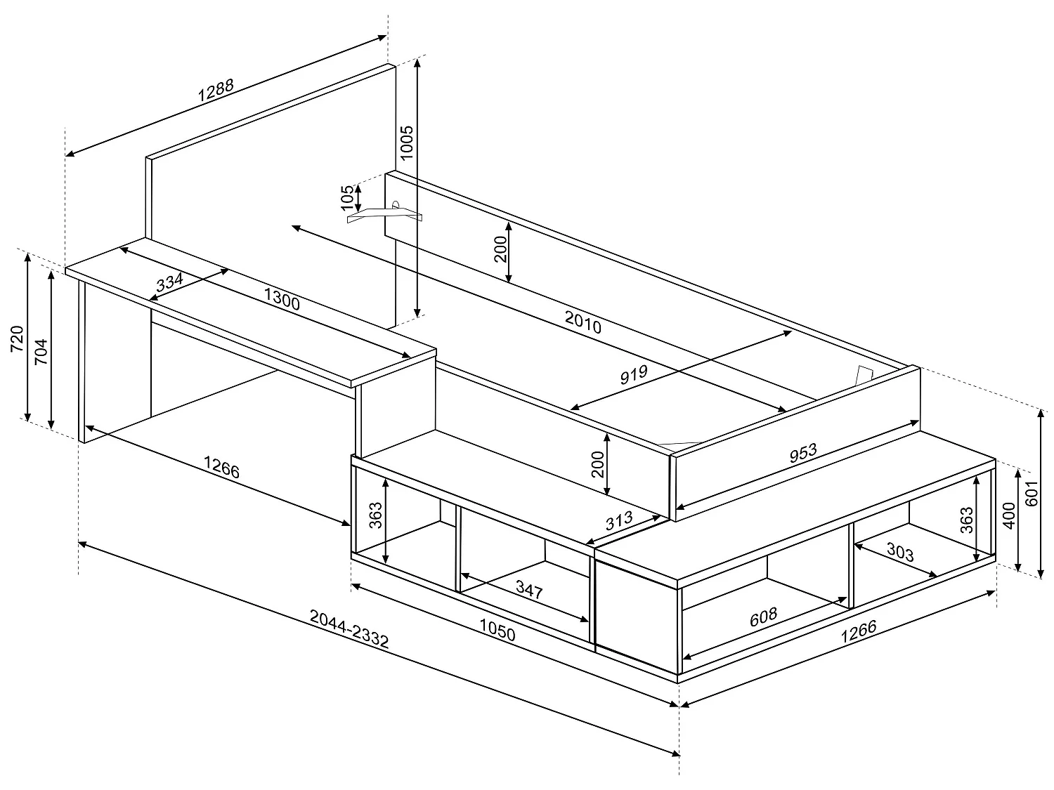 Lit combiné 90 x 200 cm avec rangements et bureau - Coloris : Naturel et blanc + Sommier - RIGALI