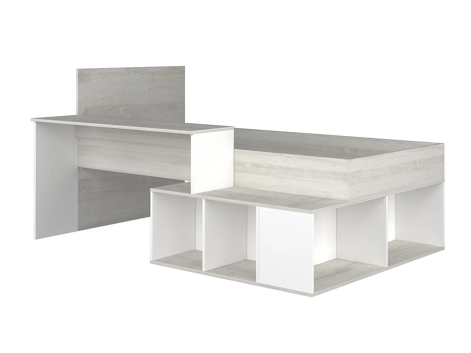 Lit combiné 90 x 200 cm avec rangements et bureau - Coloris : Naturel et blanc + Sommier - RIGALI