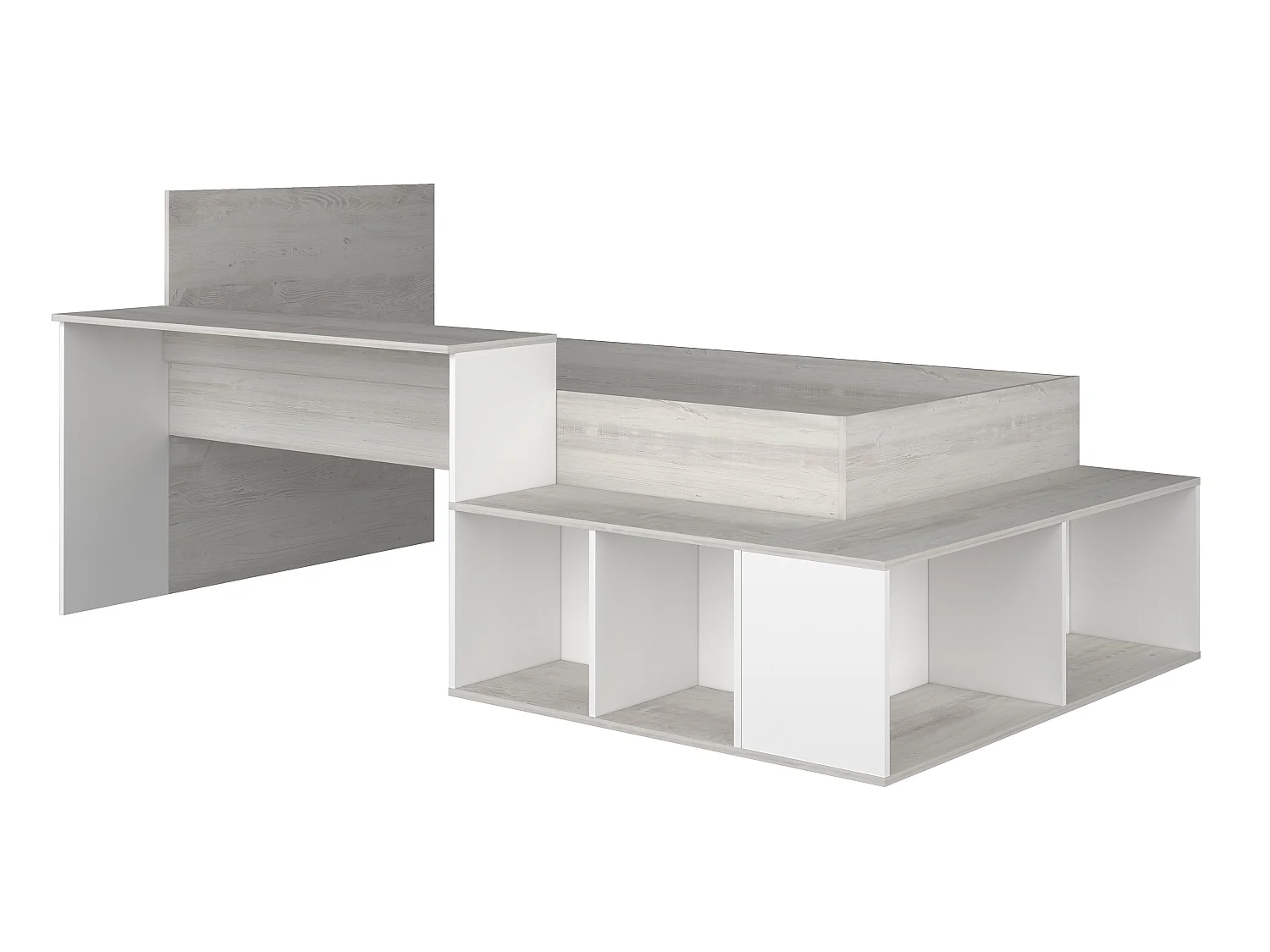 Lit combiné 90 x 200 cm avec rangements et bureau - Coloris : Naturel et blanc + Sommier - RIGALI