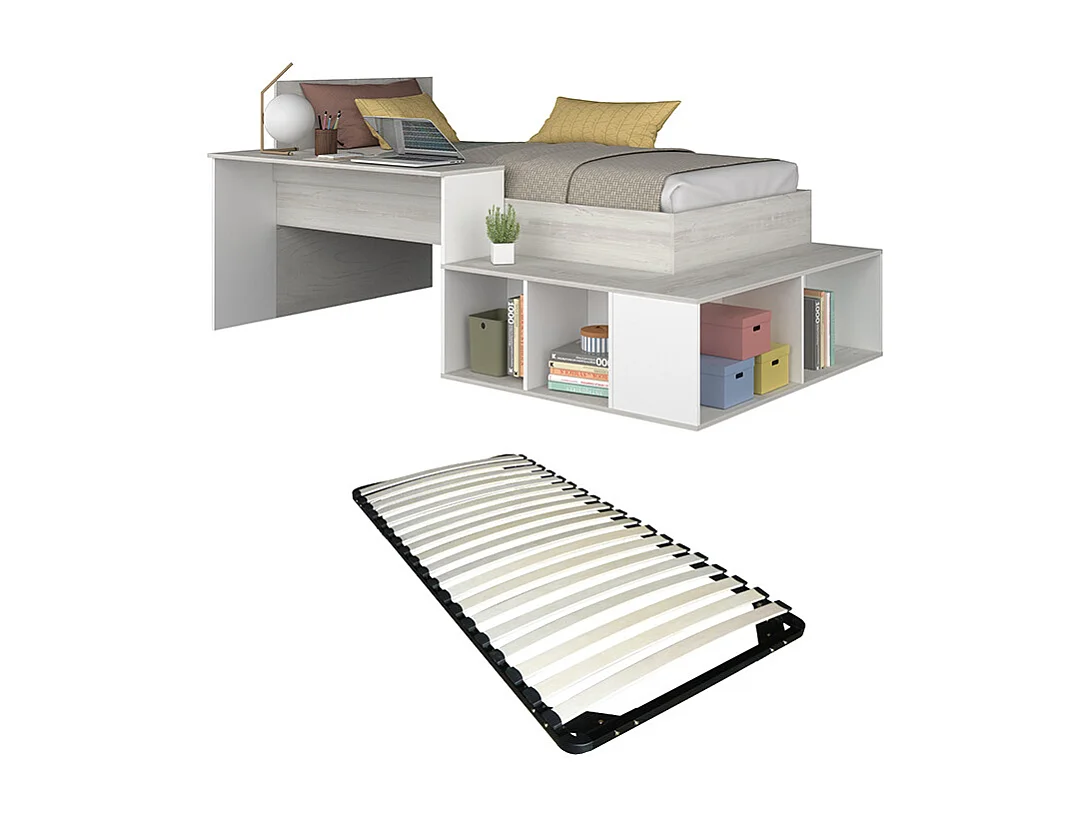 Lit combiné 90 x 200 cm avec rangements et bureau - Coloris : Naturel et blanc + Sommier - RIGALI