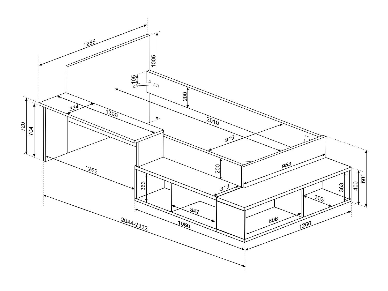 Combinatiebed 90 x 200 cm met opbergruimte en bureau - Kleur: naturel en wit + lattenbodem - RIGALI