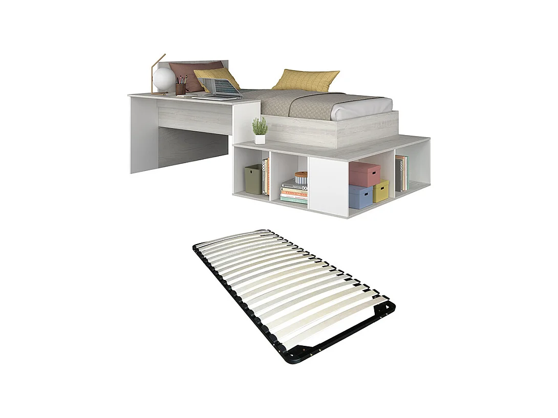 Combinatiebed 90 x 200 cm met opbergruimte en bureau - Kleur: naturel en wit + lattenbodem - RIGALI