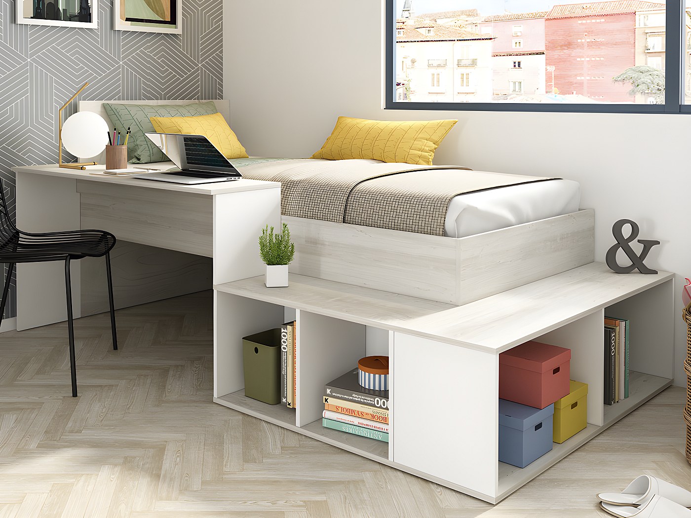 Lit combiné 90 x 200 cm avec rangements naturel et blanc + sommier - RIGALI