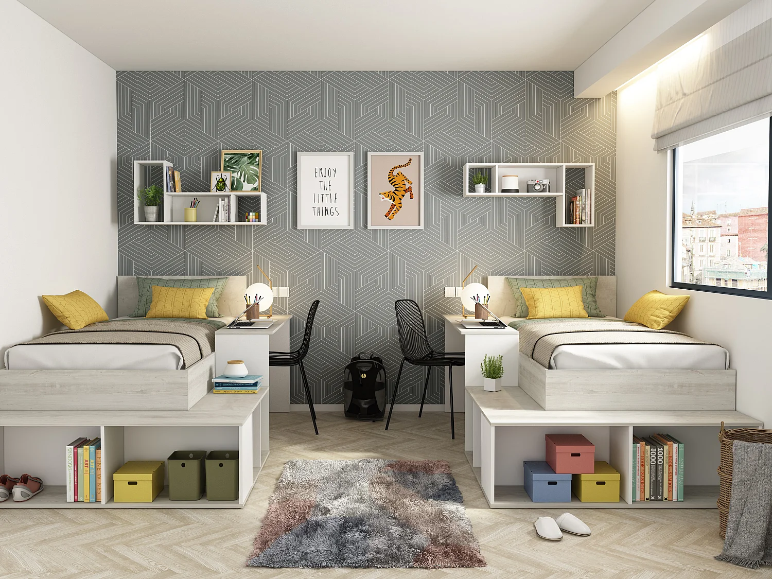 Kombi-Bett 90 x 200 cm mit Stauraum & Schreibtisch + Lattenrost - Holzfarben & Weiß - RIGALI