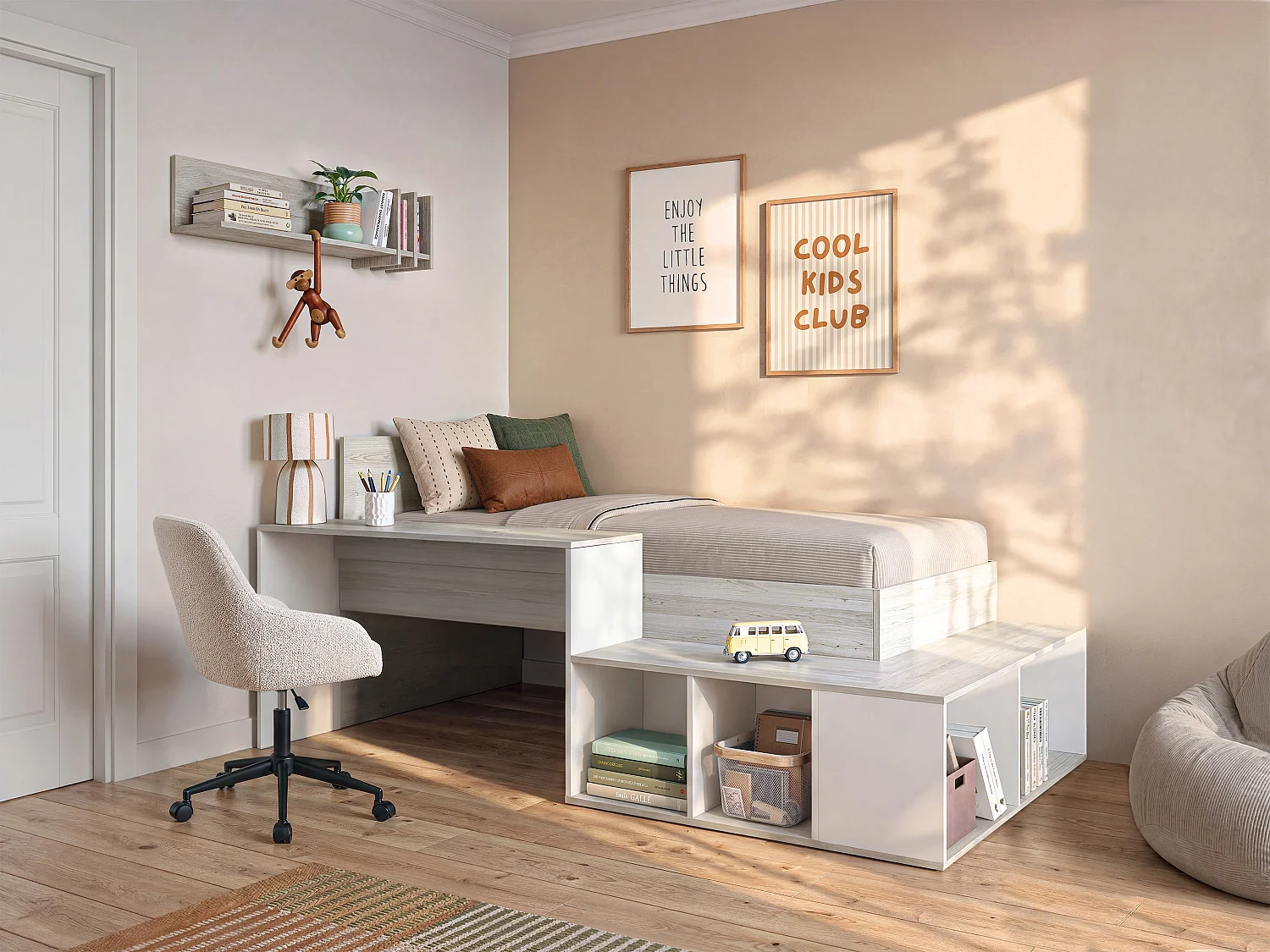 Combinatiebed 90 x 200 cm met opbergruimte en bureau - Kleur: naturel en wit + lattenbodem - RIGALI