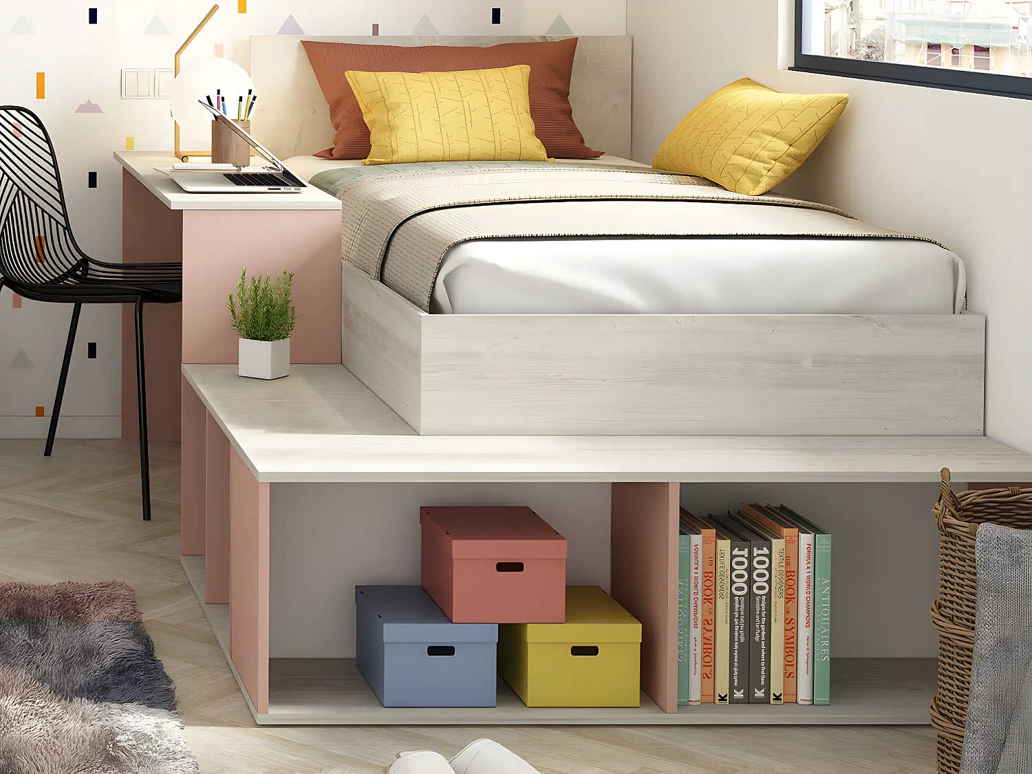 Letto combinato con vani portaoggetti e Scrivania 90 x 200 cm Naturale e Rosa + Reti a doghe - RIGALI