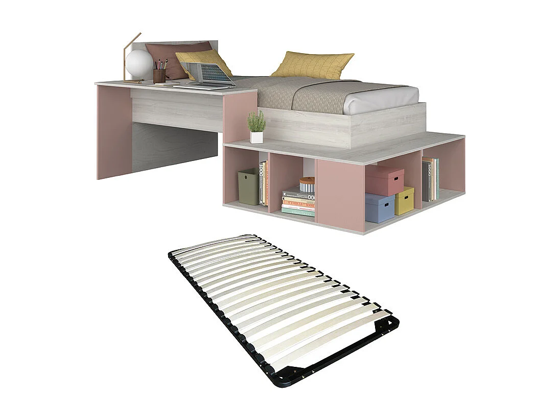 Letto combinato con vani portaoggetti e Scrivania 90 x 200 cm Naturale e Rosa + Reti a doghe - RIGALI