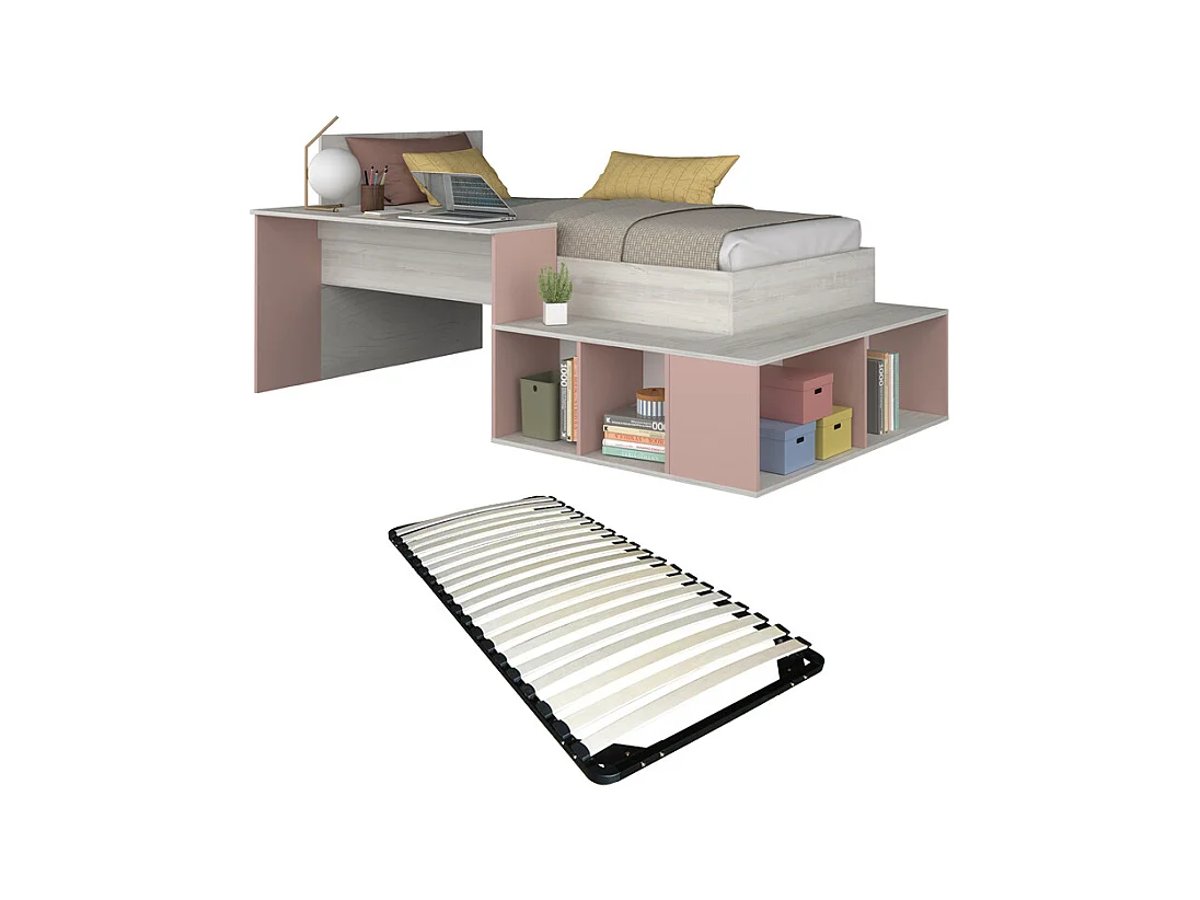 Cama combinada 90 x 200 cm con almacenamiento y escritorio - Color: Natural y rosa + Somier - RIGALI