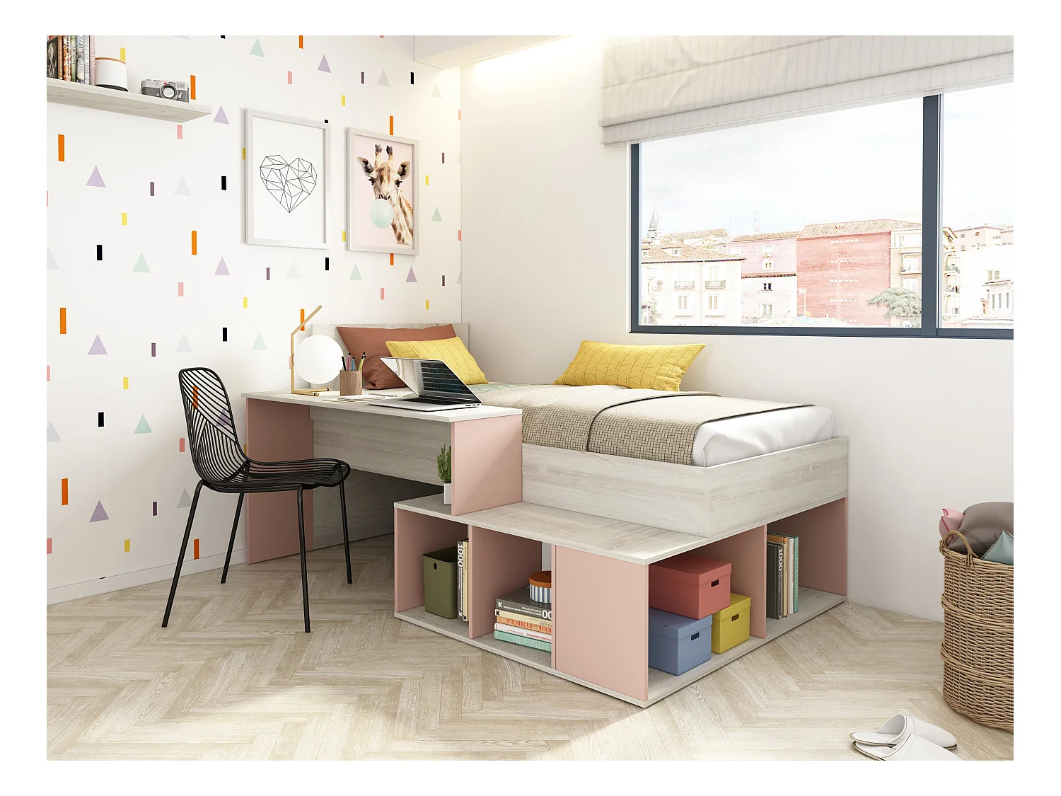 Cama combinada 90 x 200 cm con almacenamiento y escritorio - Color: Natural y rosa + Somier - RIGALI