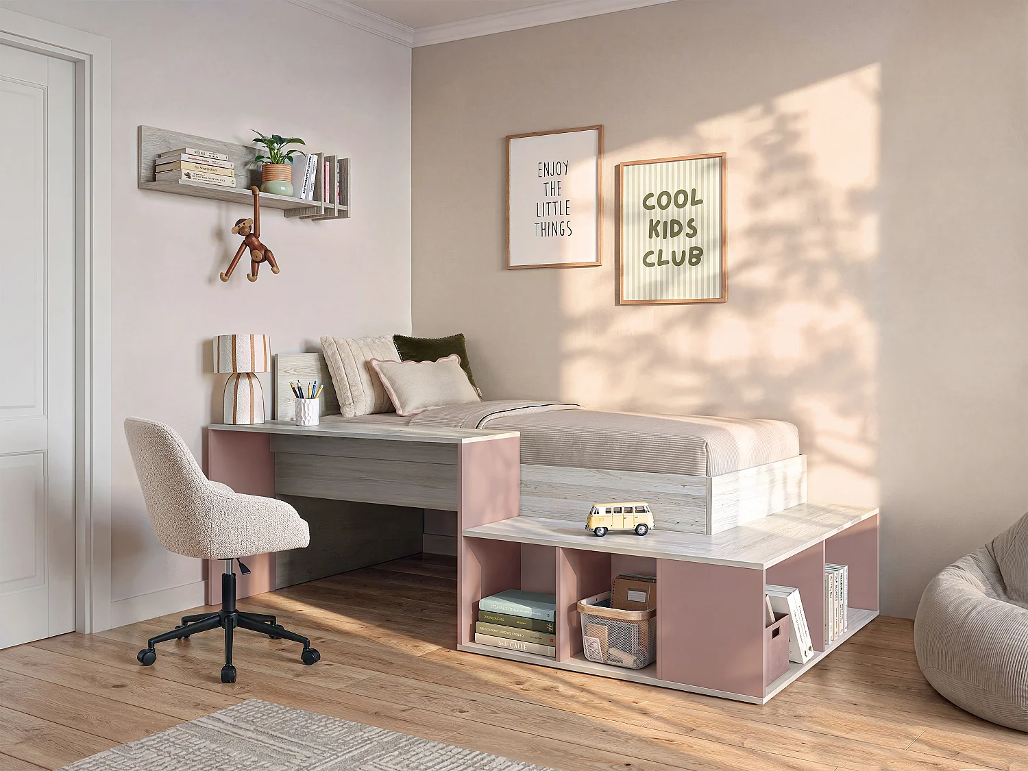 Lit combiné 90 x 200 cm avec rangements et bureau - Coloris : Naturel et rose + Sommier - RIGALI
