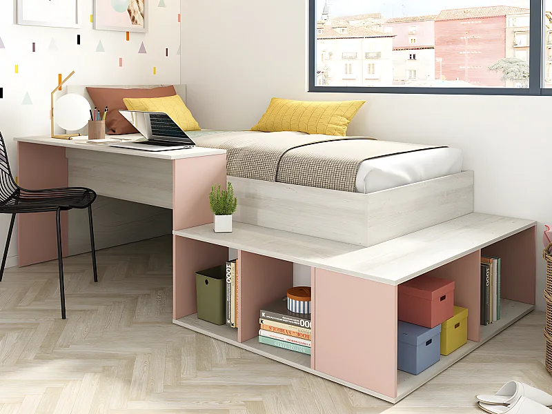Lit combiné 90 x 200 cm avec rangements et bureau - Coloris : Naturel et rose + Sommier - RIGALI