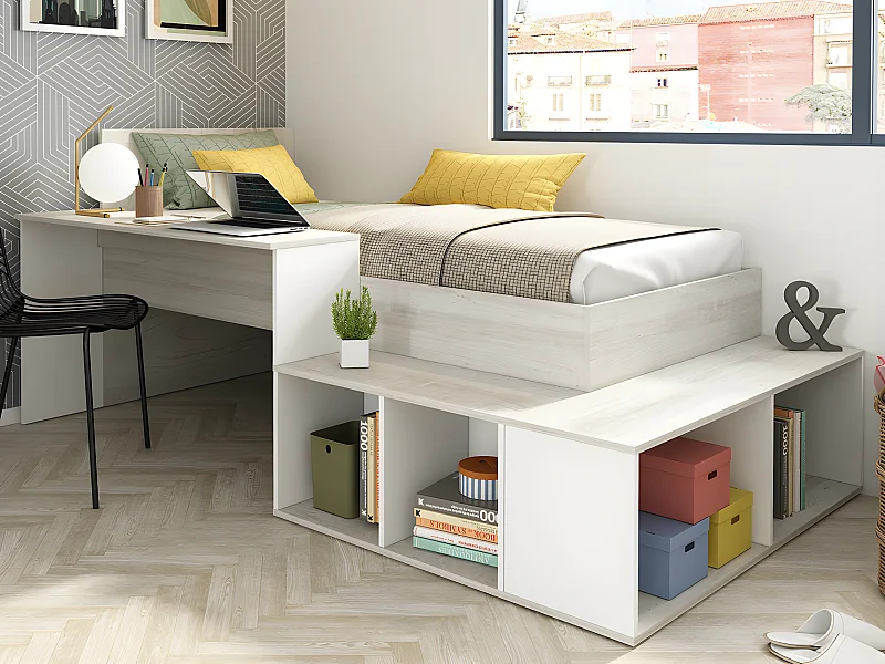 Letto combinato con vani portaoggetti e Scrivania 90 x 200 cm Naturale e Bianco + Reti + Materasso - RIGALI