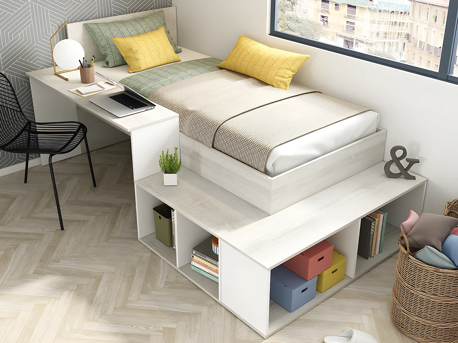 Lit combiné 90 x 200 cm avec rangements et bureau - Coloris : Naturel et blanc + Sommier + Matelas - RIGALI