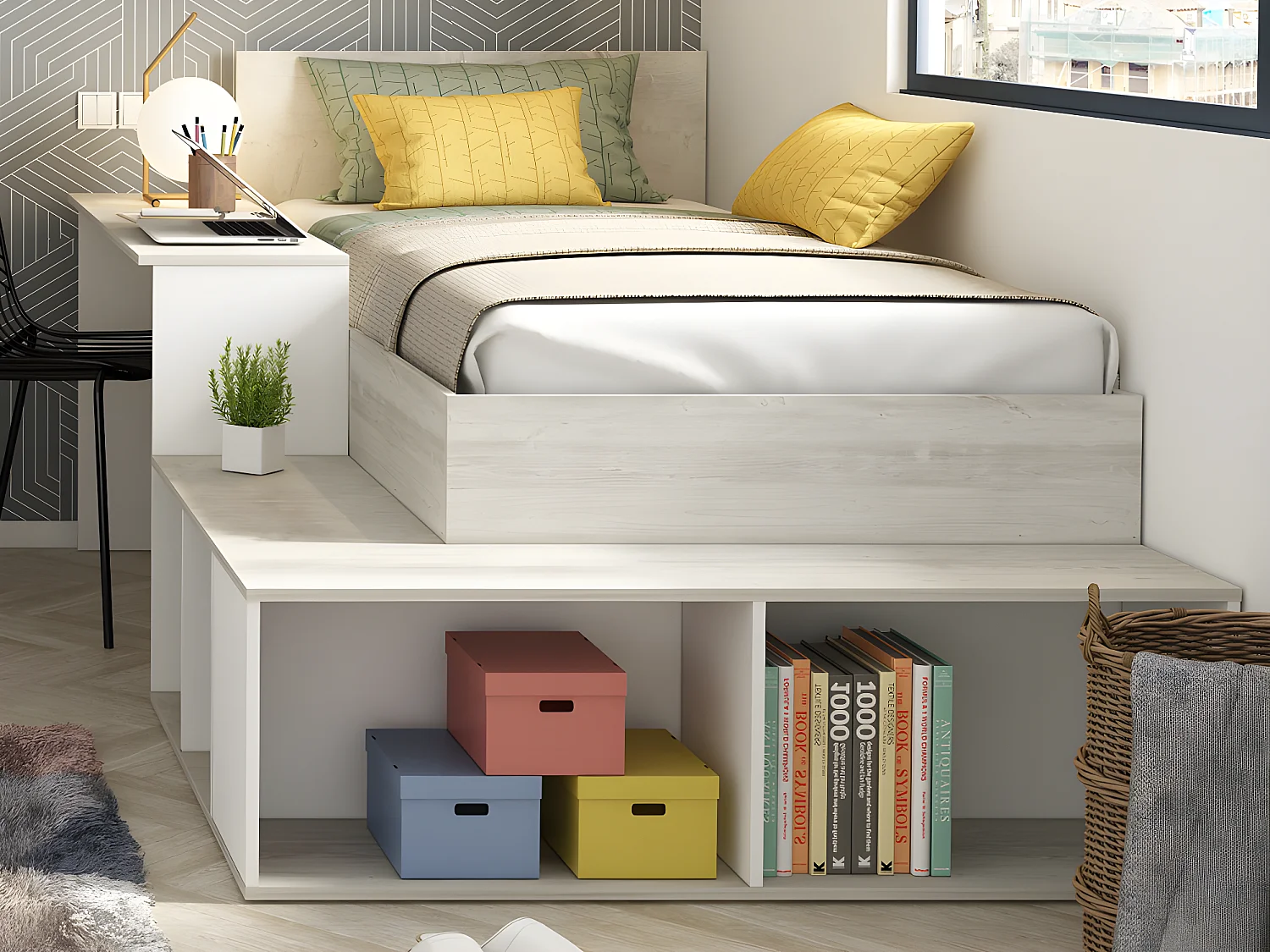 Lit combiné 90 x 200 cm avec rangements et bureau - Coloris : Naturel et blanc + Sommier + Matelas - RIGALI