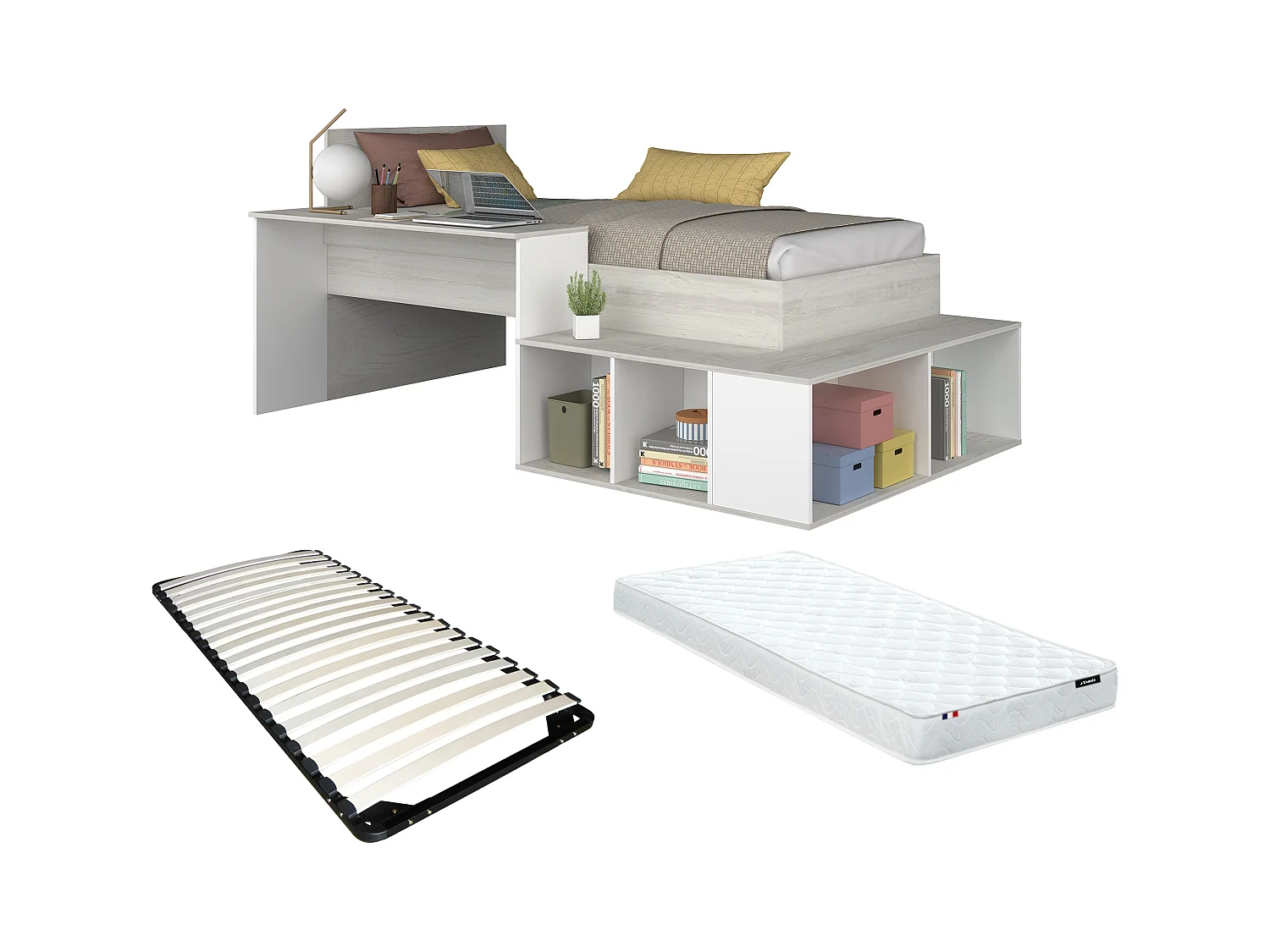 Cama compacta 90 x 200 cm con almacenamiento y escritorio - Color: Natural y blanco + Colchón + Somier - RIGALI