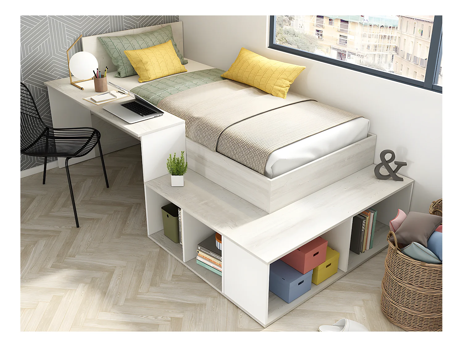 Cama compacta 90 x 200 cm con almacenamiento y escritorio - Color: Natural y blanco + Colchón + Somier - RIGALI