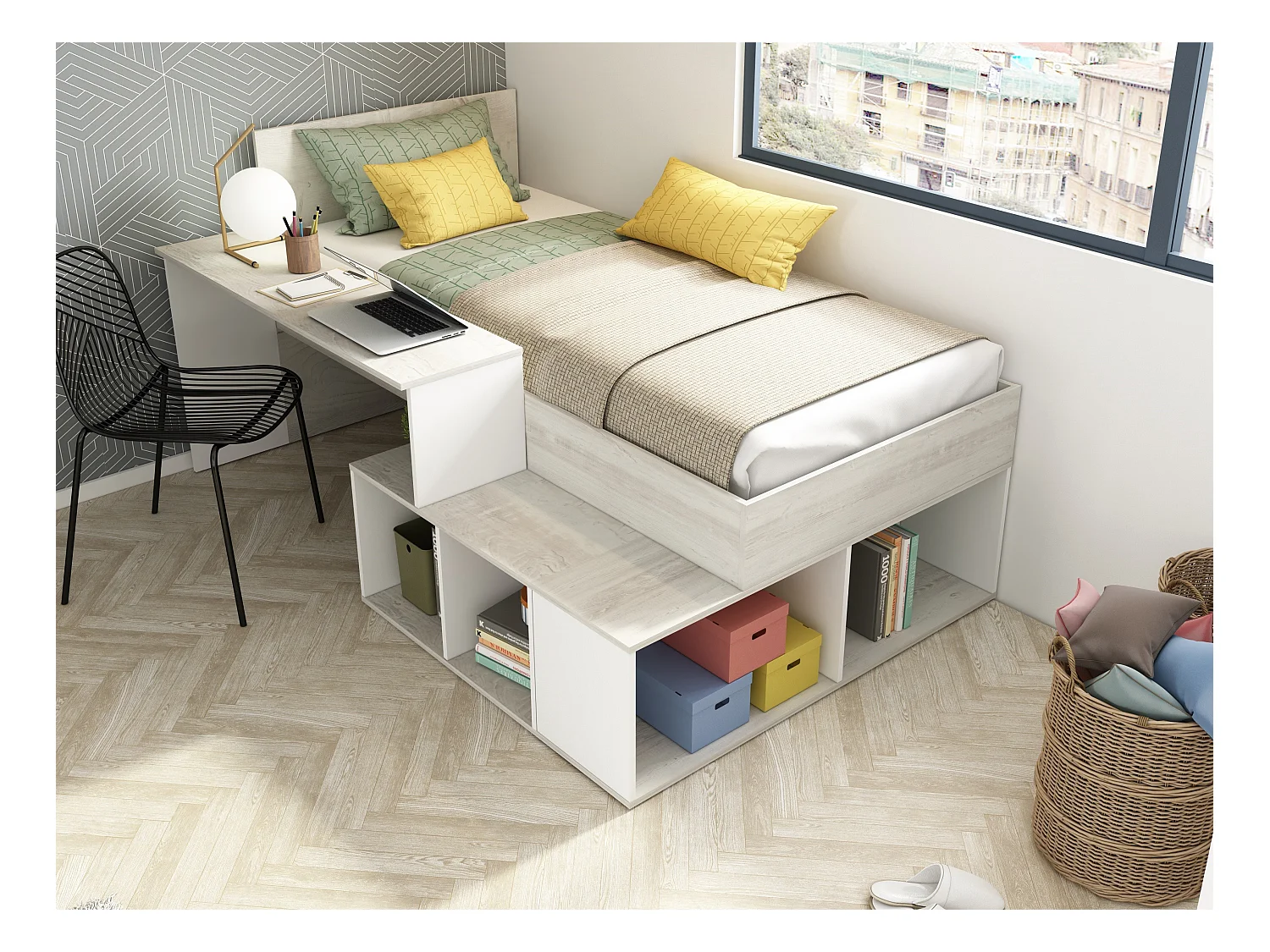 Cama compacta 90 x 200 cm con almacenamiento y escritorio - Color: Natural y blanco + Colchón + Somier - RIGALI