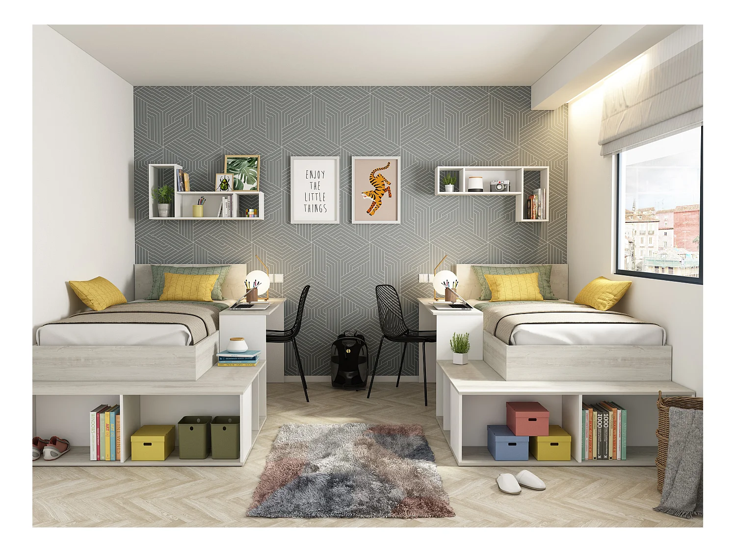 Cama compacta 90 x 200 cm con almacenamiento y escritorio - Color: Natural y blanco + Colchón + Somier - RIGALI