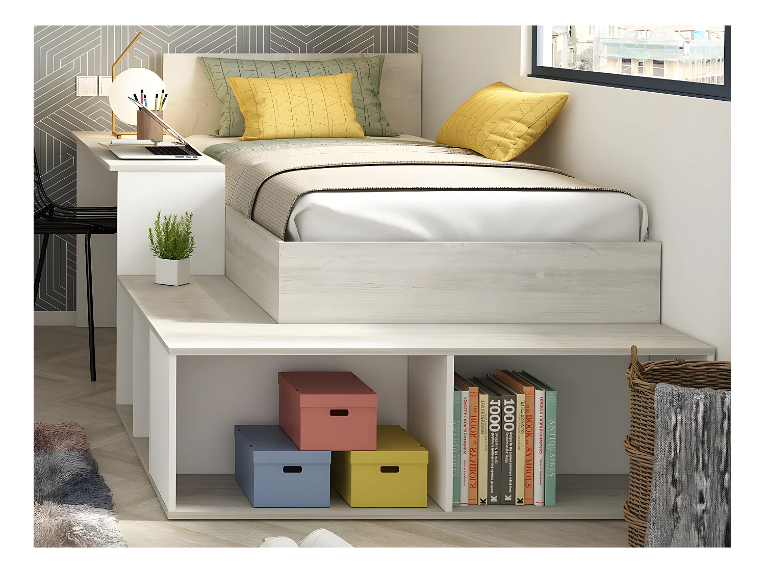 Cama compacta 90 x 200 cm con almacenamiento y escritorio - Color: Natural y blanco + Colchón + Somier - RIGALI