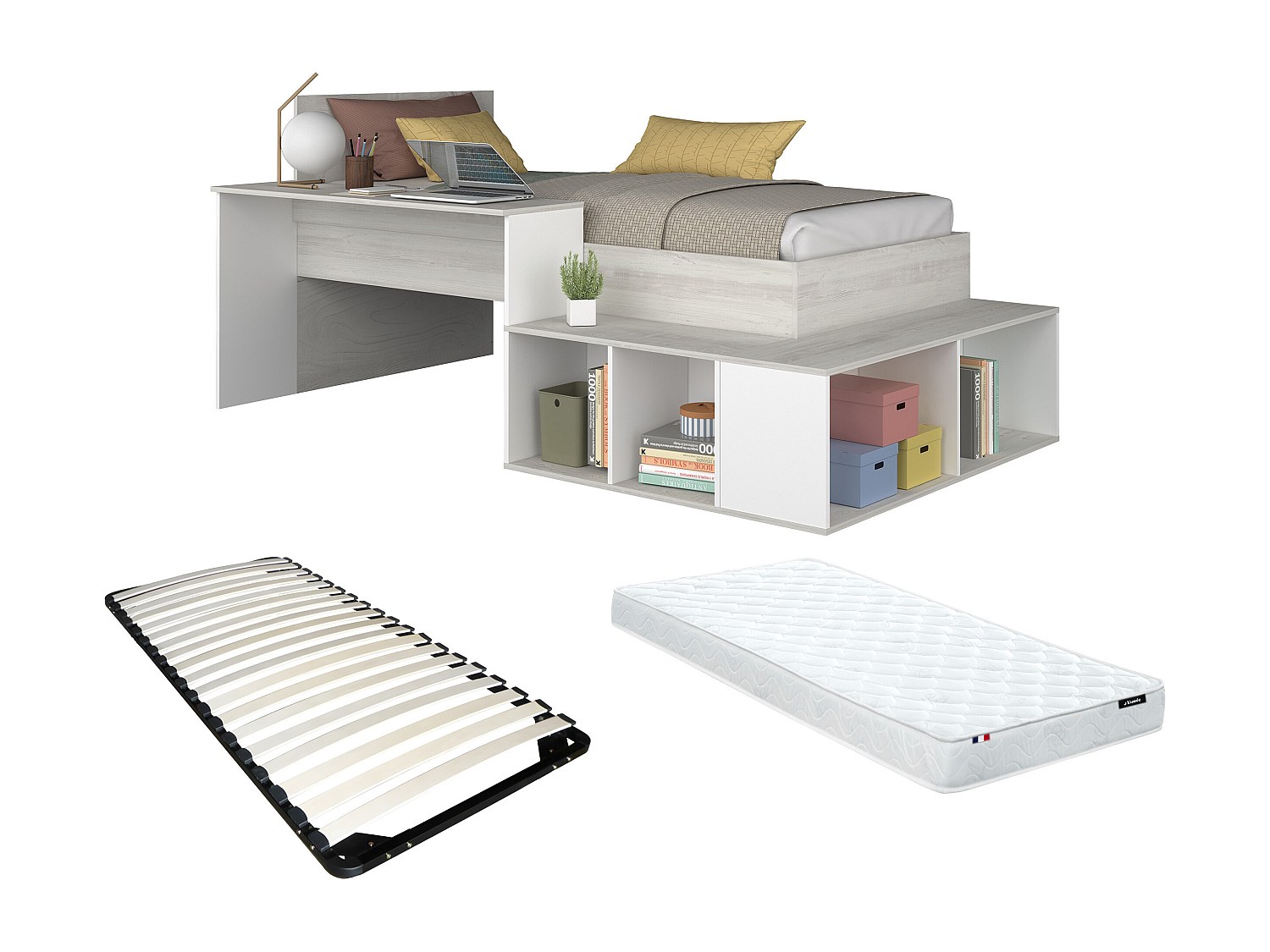 Kombi-Bett 90 x 200 cm mit Stauraum & Schreibtisch + Lattenrost + Matratze günstig online kaufen