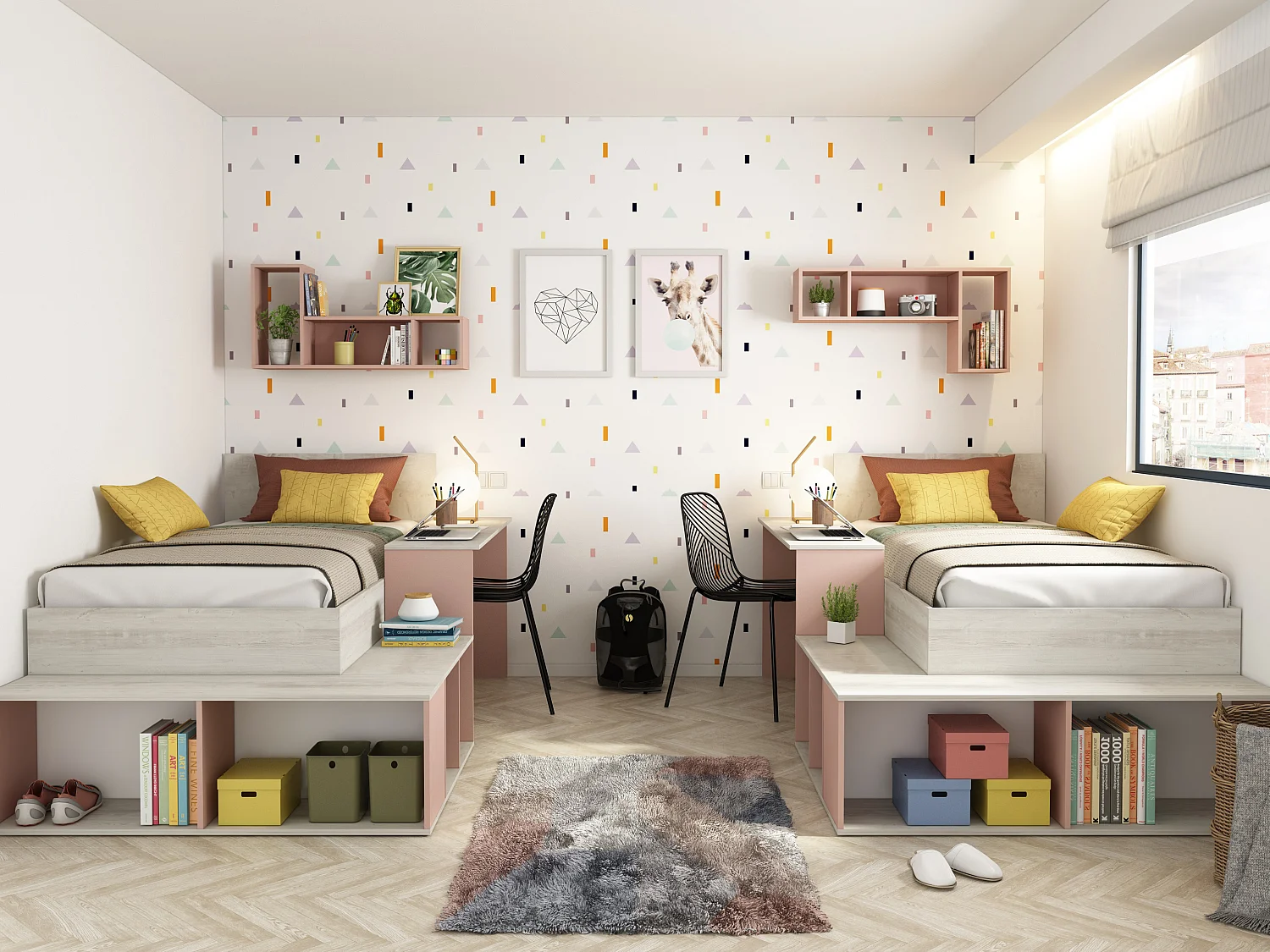 Lit combiné 90 x 200 cm avec rangements et bureau - Coloris : Naturel et rose + Sommier + Matelas - RIGALI