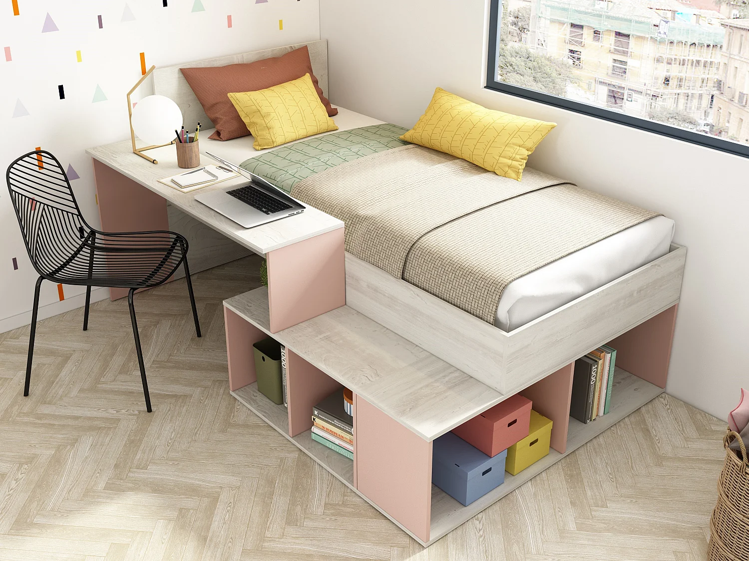 Lit combiné 90 x 200 cm avec rangements et bureau - Coloris : Naturel et rose + Sommier + Matelas - RIGALI