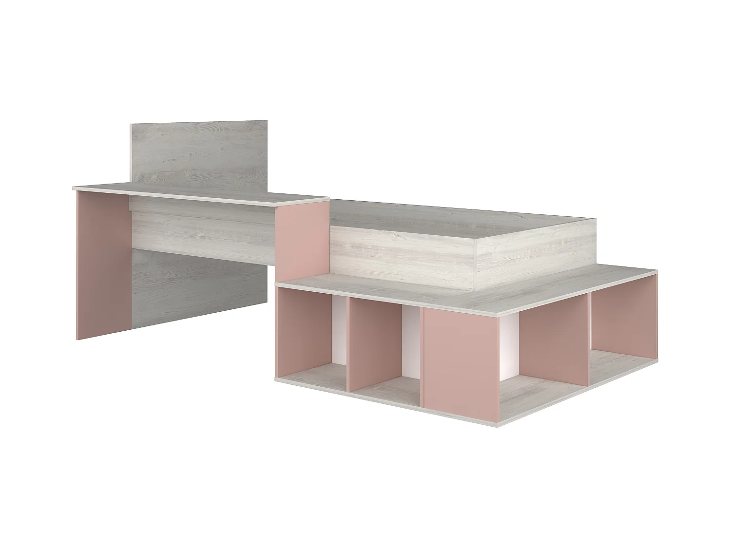 Cama combinada 90 x 200 cm con almacenamiento y escritorio - Color: Natural y rosa + Somier + Colchón - RIGALI