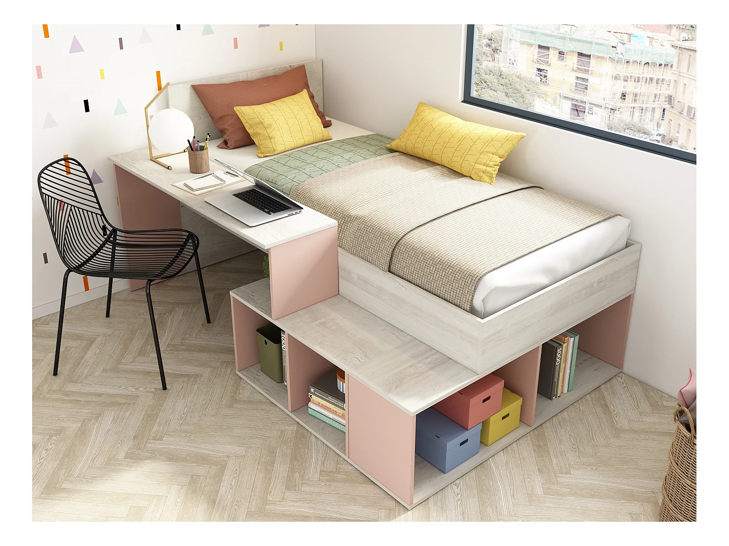Cama combinada 90 x 200 cm con almacenamiento y escritorio - Color: Natural y rosa + Somier + Colchón - RIGALI