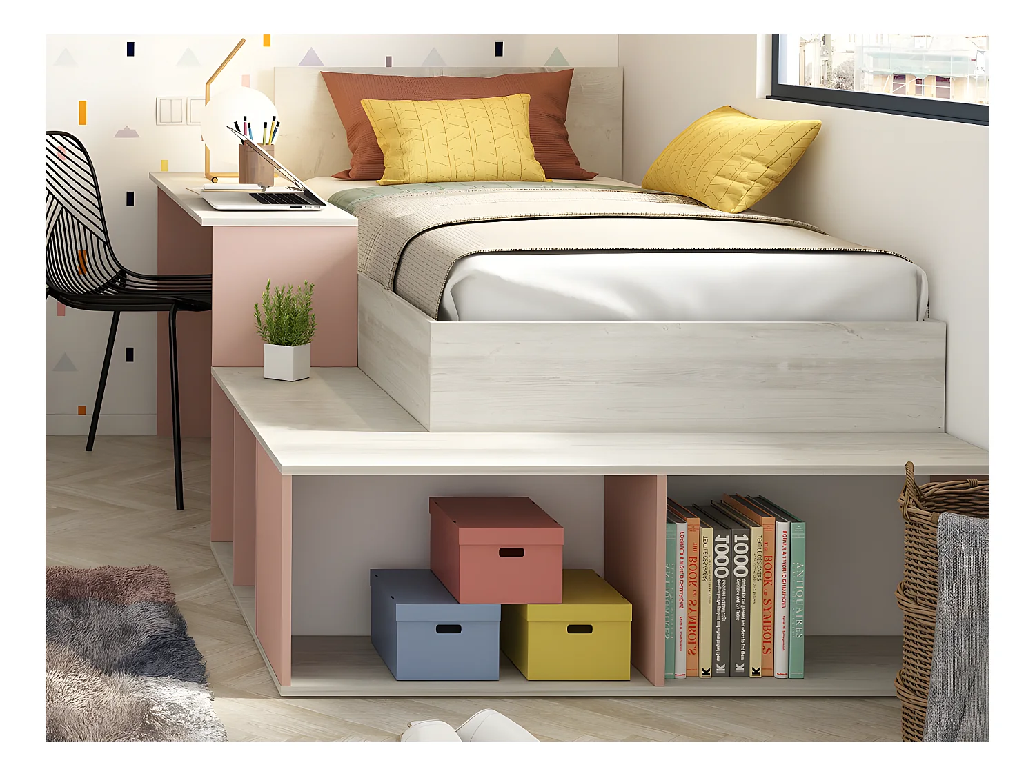 Cama combinada 90 x 200 cm con almacenamiento y escritorio - Color: Natural y rosa + Somier + Colchón - RIGALI