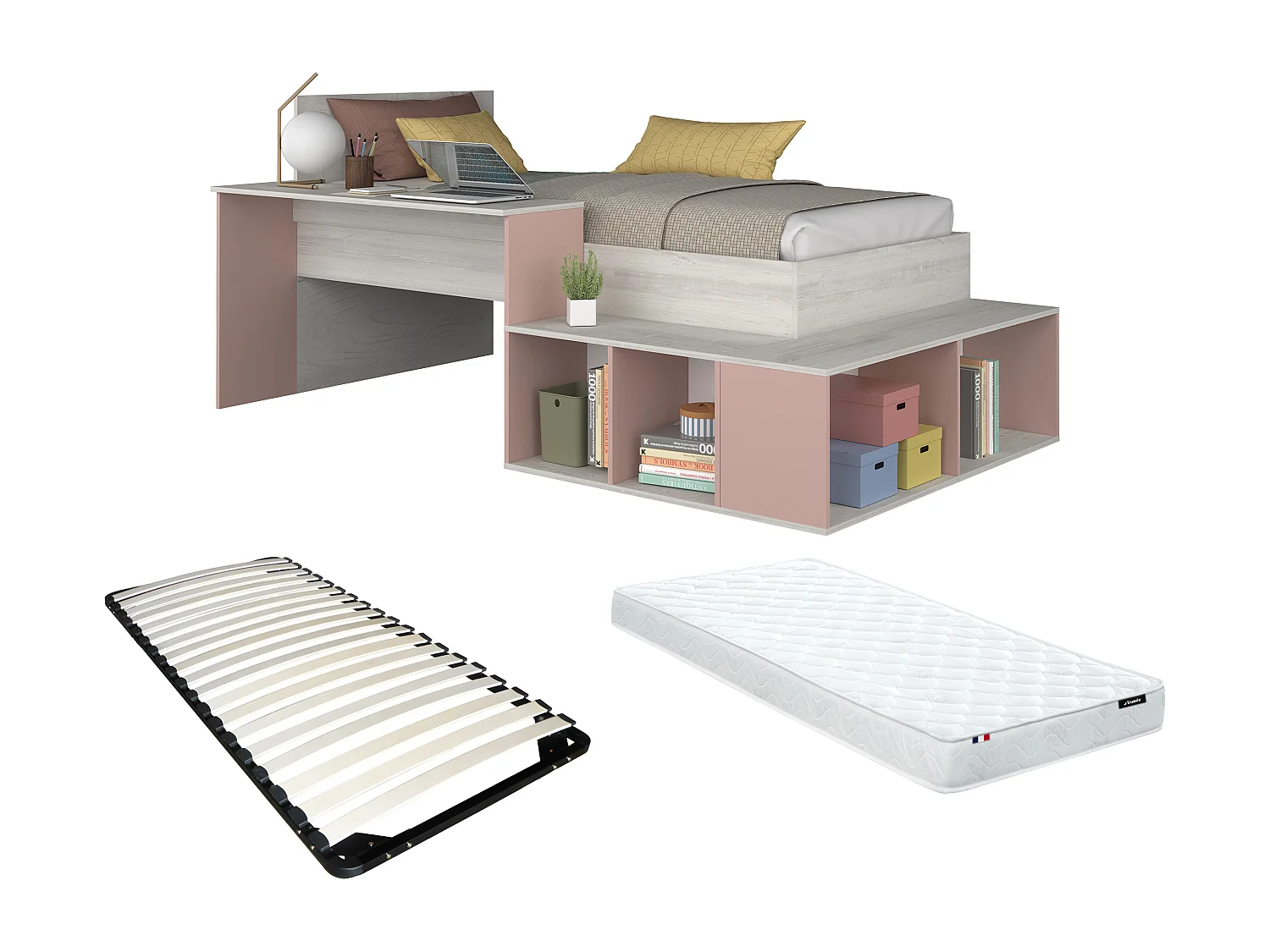 Lit combiné 90 x 200 cm avec rangements et bureau - Coloris : Naturel et rose + Sommier + Matelas - RIGALI