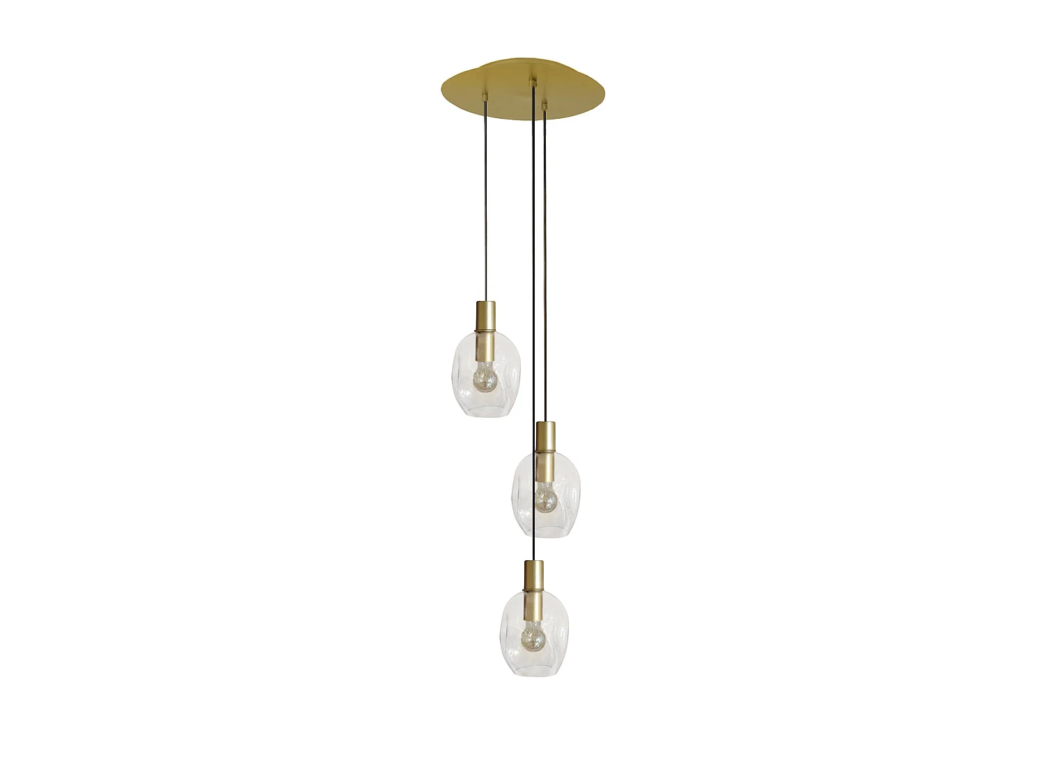 lustre doré 3 pendels verre bullé transparent 100 cm..