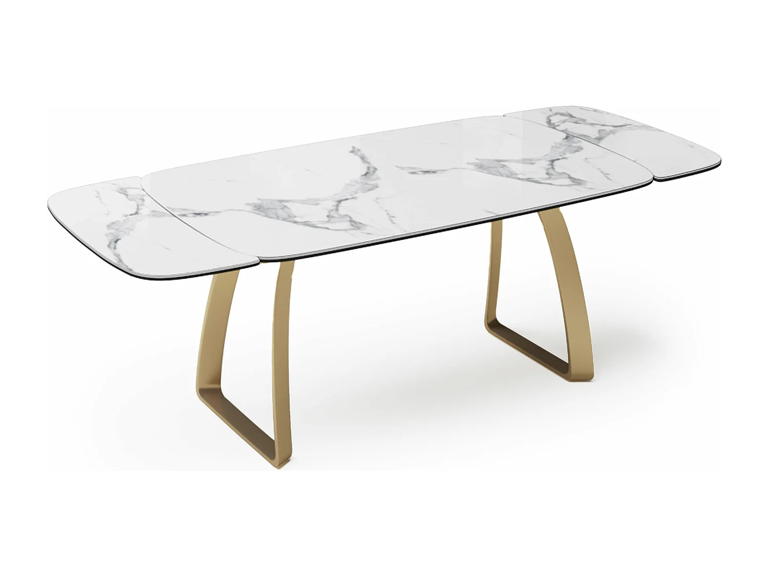 Table extensible céramique marbre blanc, verre trempé et pieds dorés