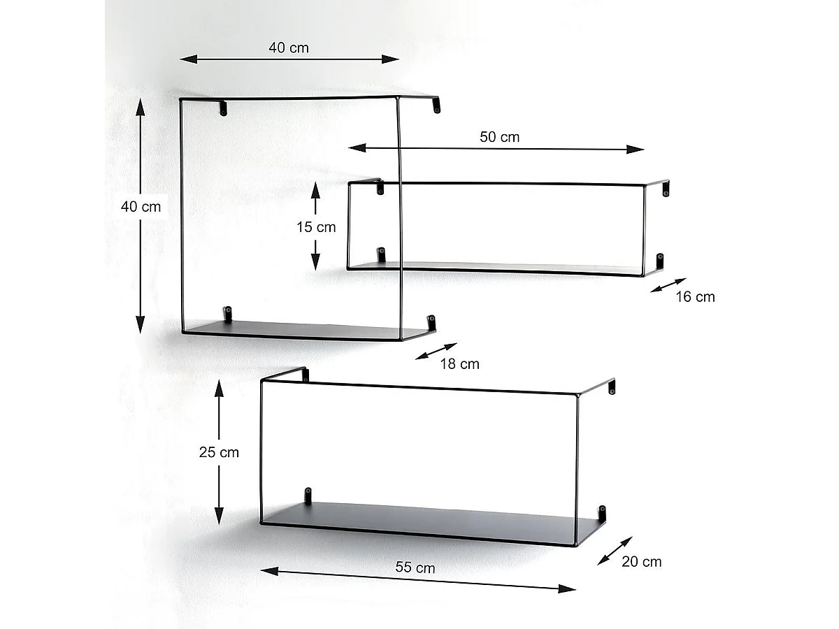 Lot de 3 Étagères Murales Déco "Chiba" 55cm Noir