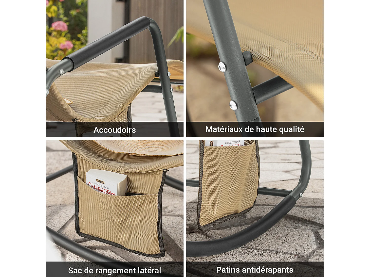 SoBuy OGS47-KA Schommelstoel Relaxstoel Ligstoel Lounge Chair Tuinstoel Zonnebaden - met Zijtas en Voetensteun - Draagvermogen 120 kg