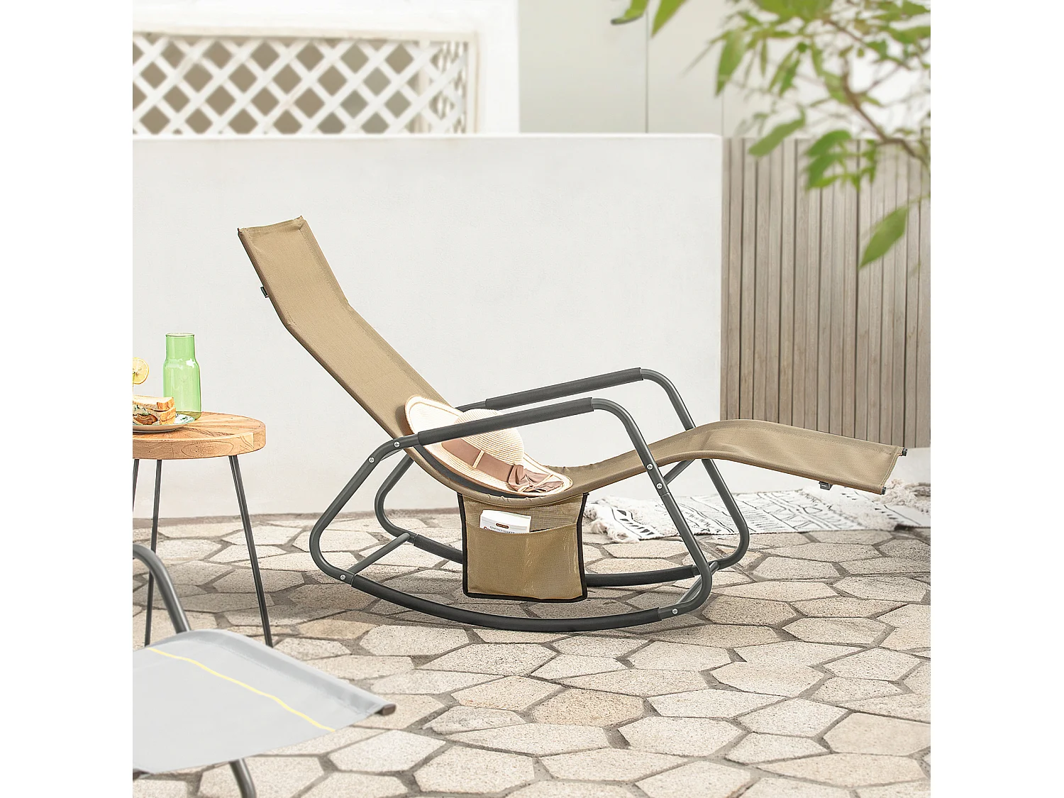 SoBuy OGS47-KA Schommelstoel Relaxstoel Ligstoel Lounge Chair Tuinstoel Zonnebaden - met Zijtas en Voetensteun - Draagvermogen 120 kg
