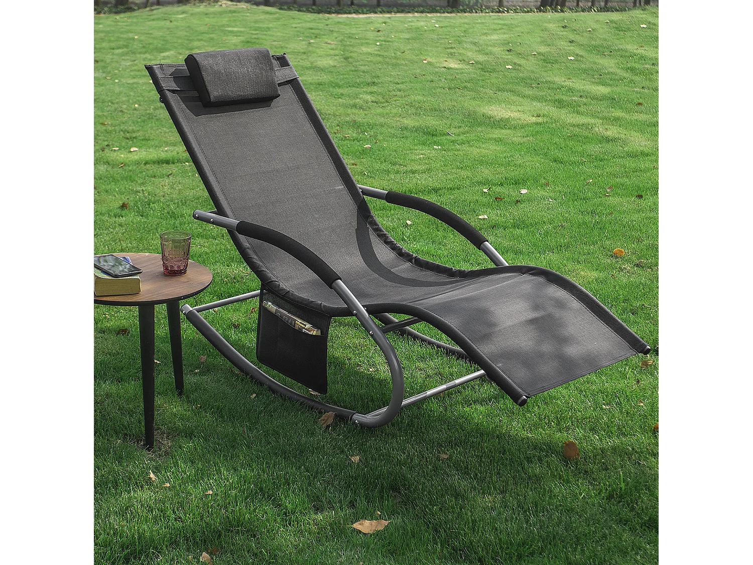 SoBuy  Poltrona dondolo, Sdraio Relax, Sedia a sdraio, Con poggiatesta, Nero OGS28-SCH