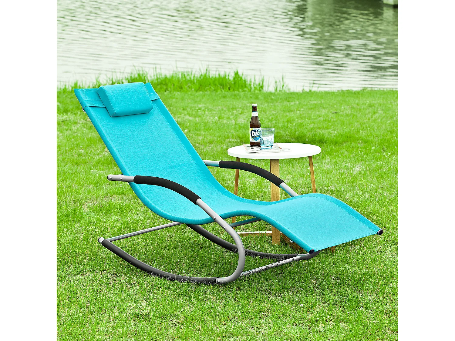 SoBuy Chaise Longue Transat de Jardin Bascule avec Appui-Tête Réglable, Pochette de Rangement et Repose-Pieds, Plage, OGS28-HB