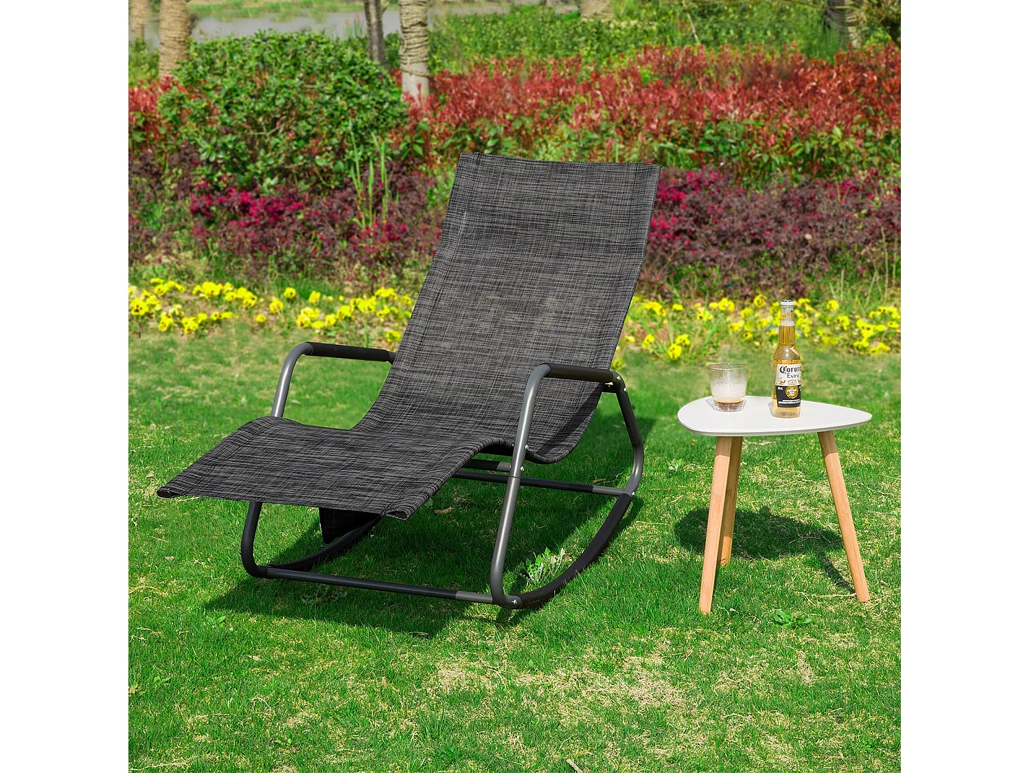 SoBuy Poltrona a Dondolo da Giardino Sedia a Dondolo Esterno con Tasca Laterale Portata Fino a 150 kg Grigio Scuro OGS47-MS