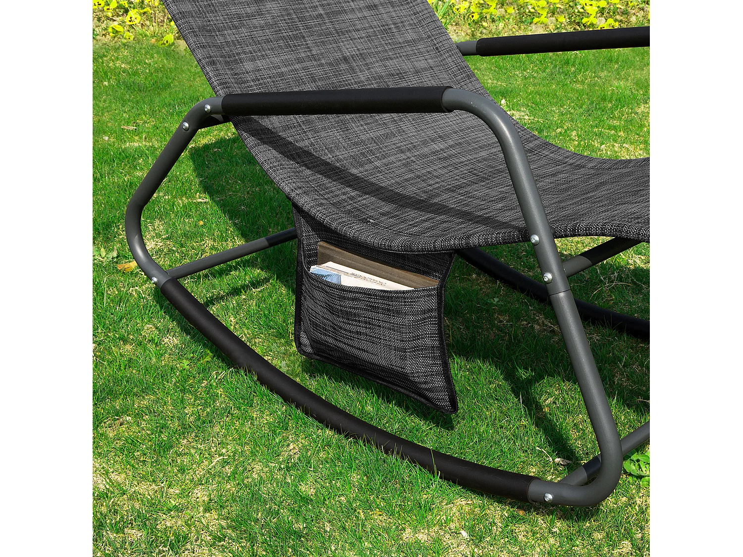 SoBuy Poltrona a Dondolo da Giardino Sedia a Dondolo Esterno con Tasca Laterale Portata Fino a 150 kg Grigio Scuro OGS47-MS