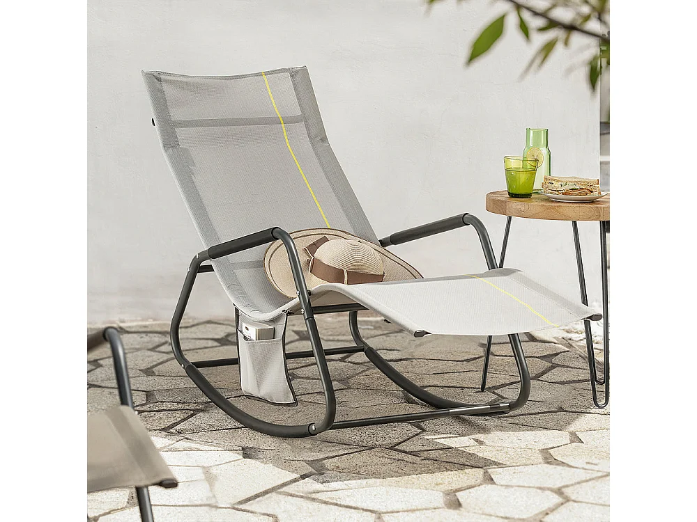 SoBuy OGS47-HG Fauteuil à Bascule Adulte, Chaise Longue, Transat Relaxation Ergonomique avec Pochette Latérale | Prévente