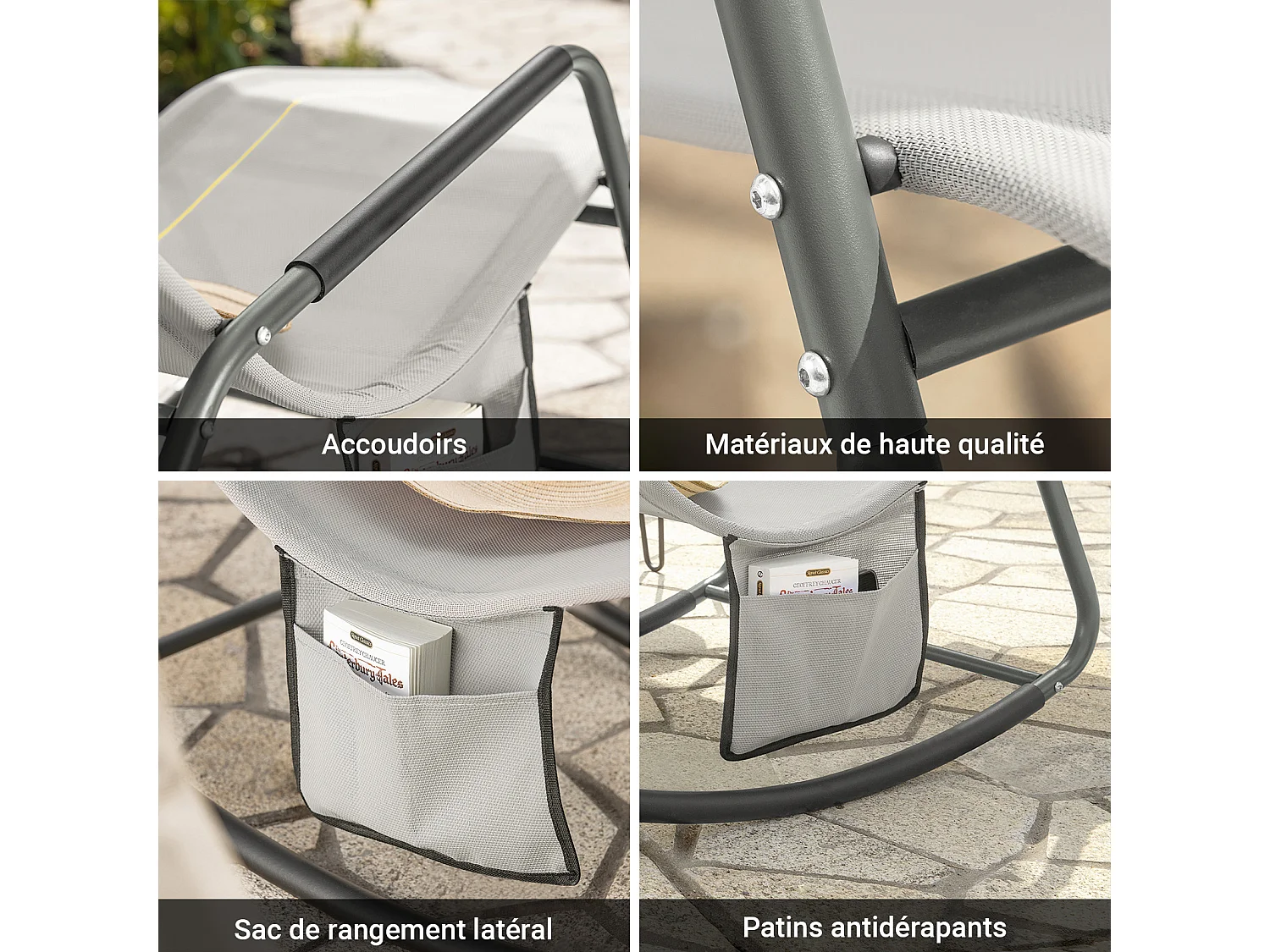 SoBuy OGS47-HG Fauteuil à Bascule Adulte, Chaise Longue, Transat Relaxation Ergonomique avec Pochette Latérale | Prévente