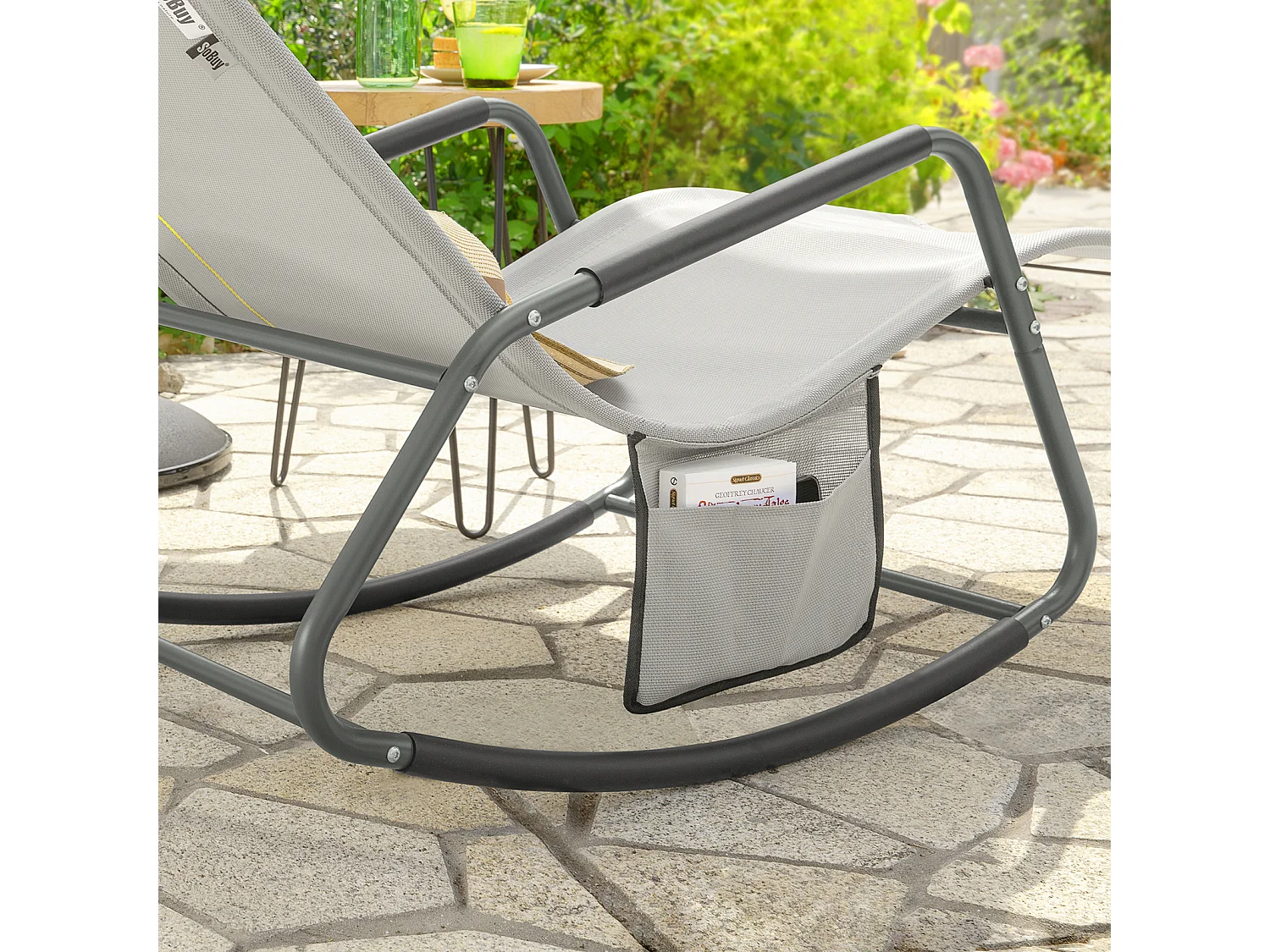 SoBuy OGS47-HG Fauteuil à Bascule Adulte, Chaise Longue, Transat Relaxation Ergonomique avec Pochette Latérale | Prévente