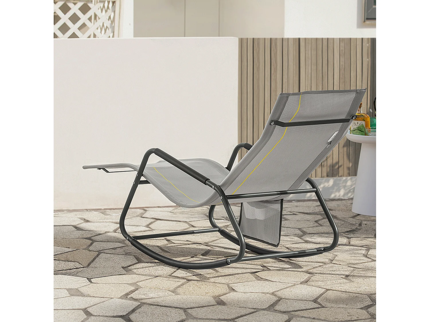 SoBuy OGS47-HG Fauteuil à Bascule Adulte, Chaise Longue, Transat Relaxation Ergonomique avec Pochette Latérale | Prévente