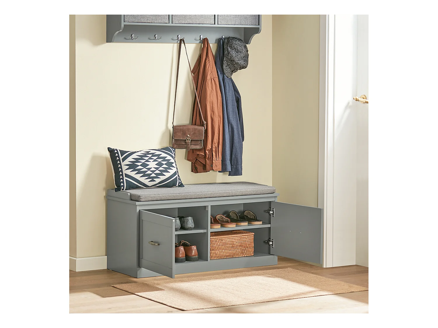 SoBuy FSR131-HG Schoenenkast Schoenenbank Schoenenrek Zitbank met Zitkussen en 2 Deuren