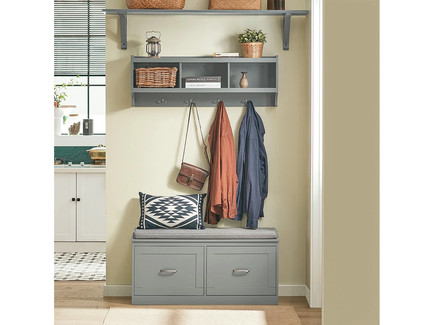 SoBuy FSR131-HG Schoenenkast Schoenenbank Schoenenrek Zitbank met Zitkussen en 2 Deuren