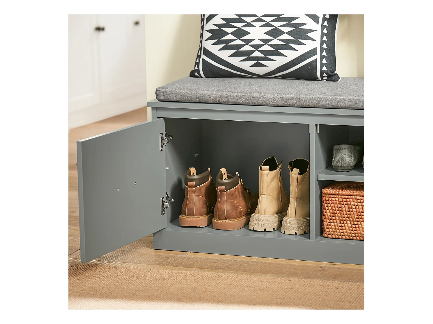 SoBuy FSR131-HG Schoenenkast Schoenenbank Schoenenrek Zitbank met Zitkussen en 2 Deuren