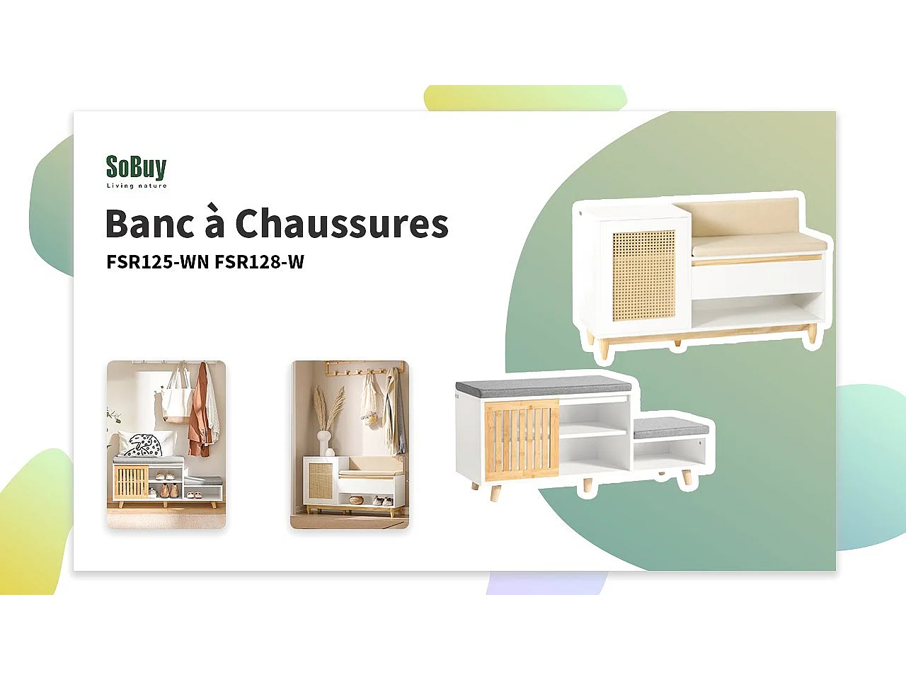 Banc de Rangement, Banc à Chaussures avec 2 Coussin Rembourré Meuble Bas sur Pieds, FSR125-WN