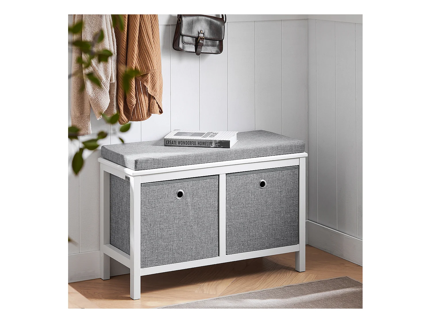 Banc de Rangement avec 2 Paniers et Coussin Rembourré, FSR81-HG