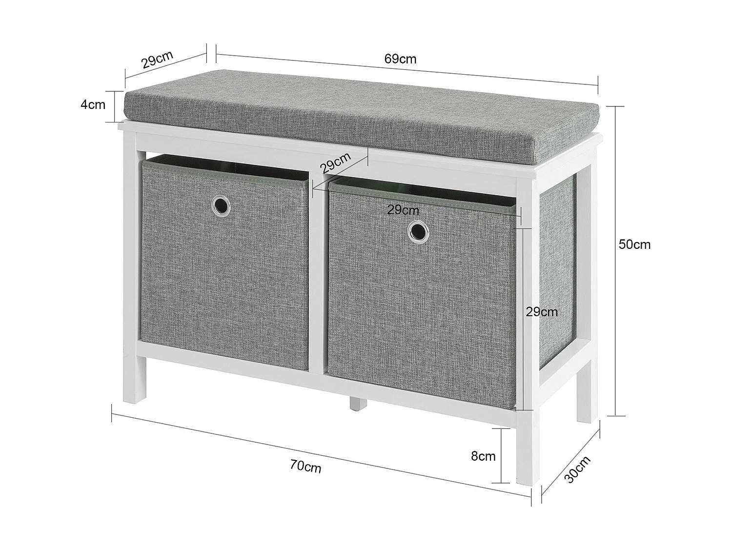 SoBuy Panca scarpiera Cassapanca da Interno Mobile Bagno con 2 cestini Bianco e Grigio L70*P30*A50cm FSR81-HG